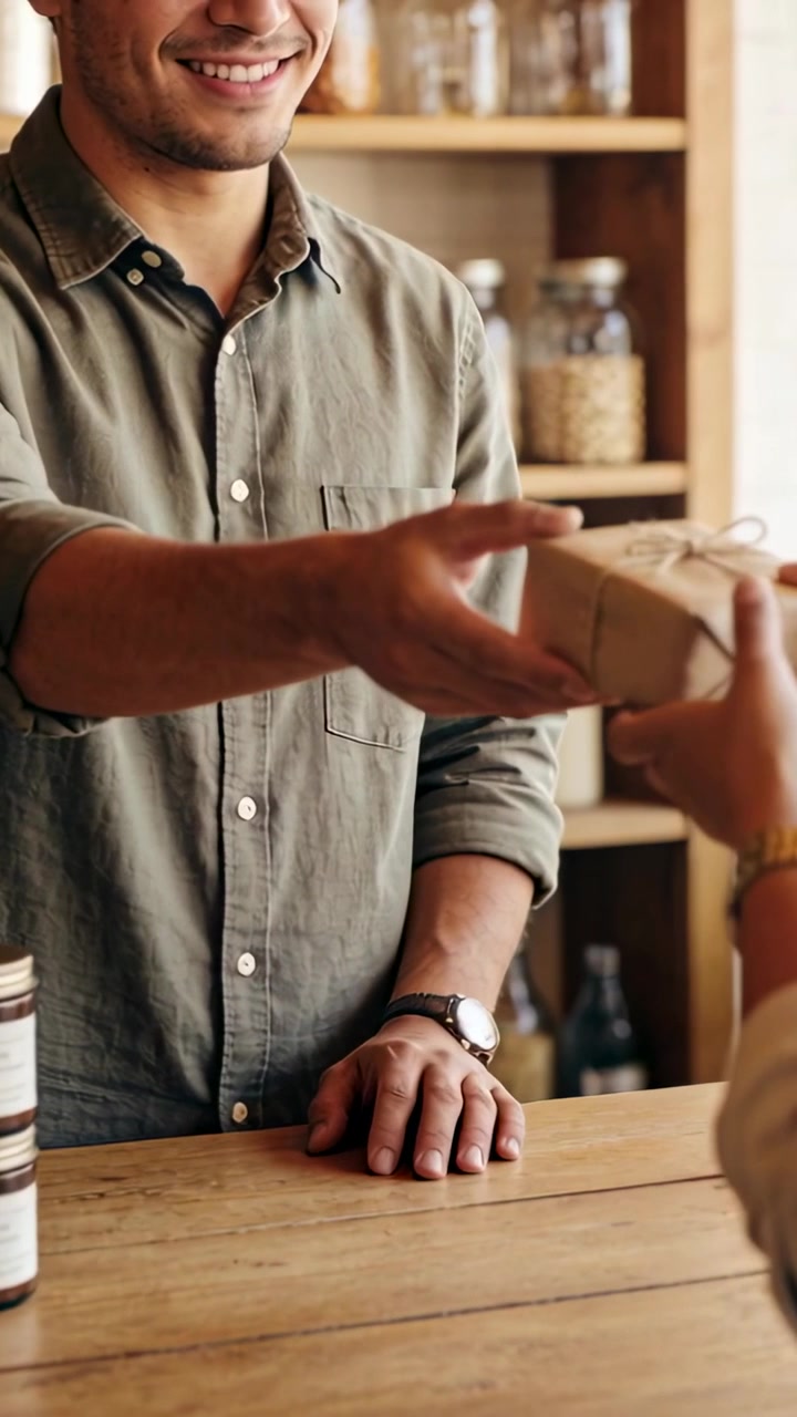 Video verticale: Acquirente che consegna un pacco, impiegato con camicia color oliva che si allunga, prendendo l'acquisto in un piccolo negozio.