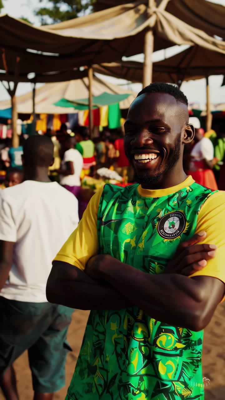Man in Soccer Jersey at a Market in Ghana