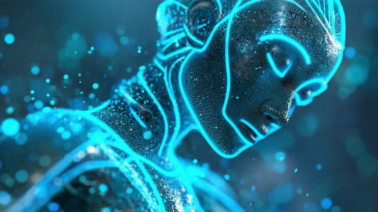 Uno sguardo al futuro: un essere artificiale enigmatico e luminoso che irradia bellezza e complessità, circondato da un ambiente celeste di luce e scintille