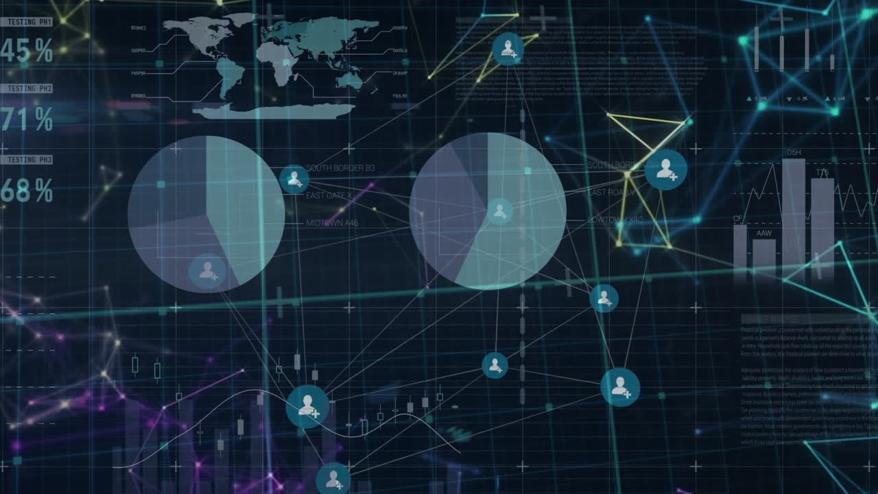 Animation of network of connections with icons over financial data processing on black background