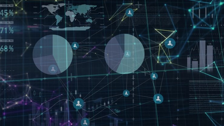 Animation of network of connections with icons over financial data processing on black background