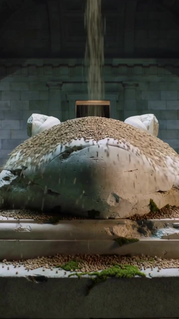 Vertical video: Falling seeds covering effigy on plinth in crypt, piling over moss and alcove box