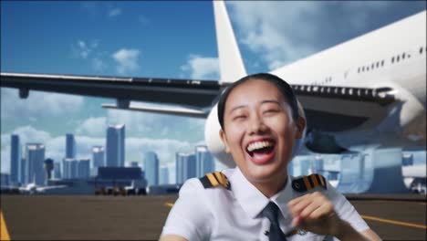 close up of asian woman pilot dancing and celebrating while standing in airfield with airplane on background