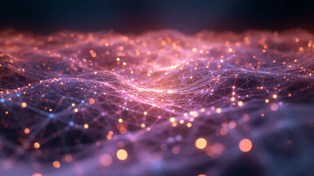 Maglia digitale increspata che ondeggia nel vuoto scuro seguendo deboli increspature, linee e nodi pulsanti