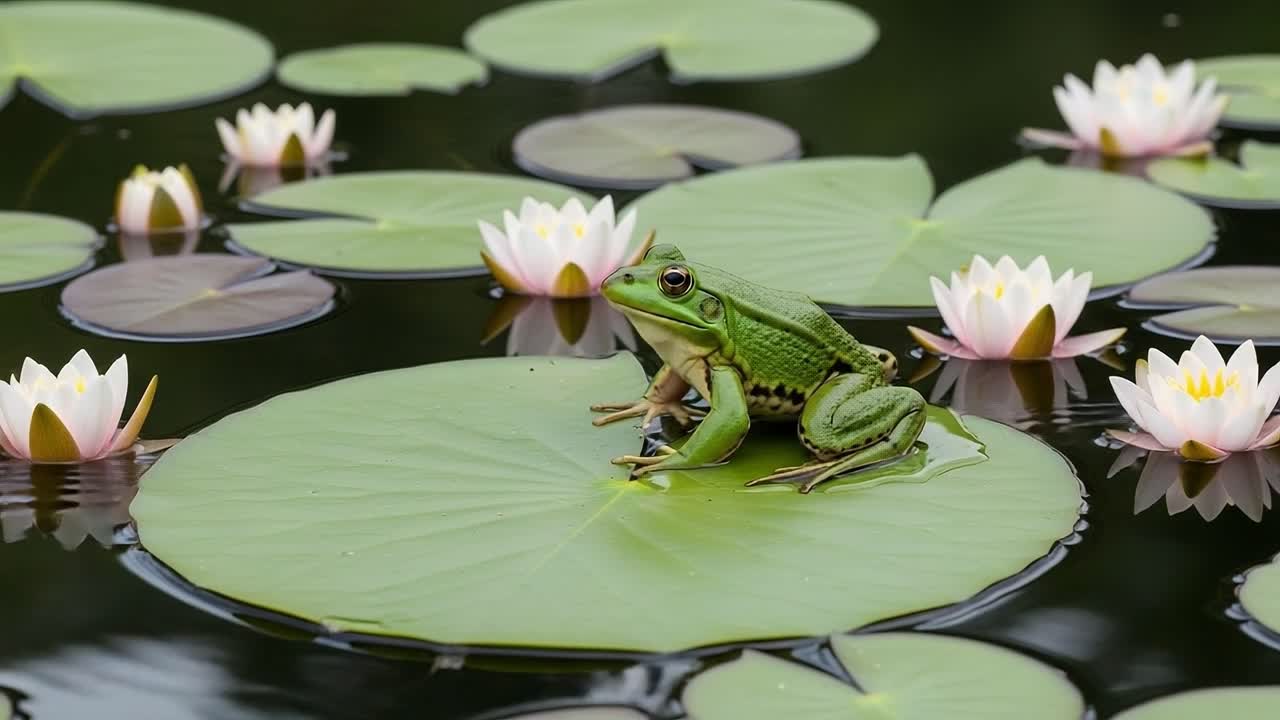 A Green Frog Resting Gracefully on a Lily Pad Surrounded by Delicate Water Lilies in a Tranquil Aquatic Environment Depicting Natural Beauty and Serenity
