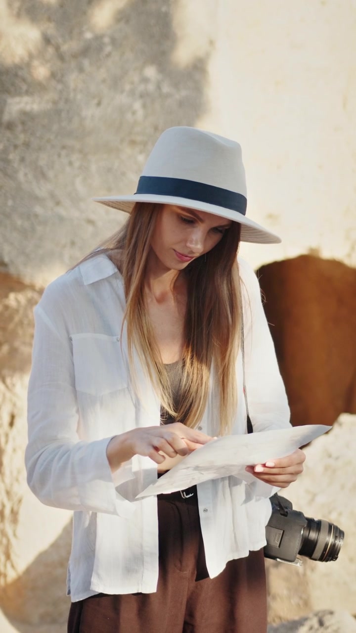 A female photographer wearing a hat and white shirt examines a map holding a camera vertical video