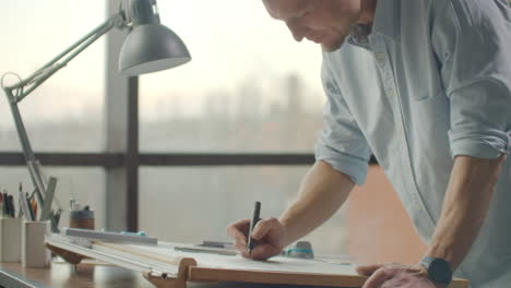 architect's desk: drawings tape measure ruler and other drawing tools. engineer works with drawings in a bright office close-up. insturments and office for designer. male hands draw with a pencil.