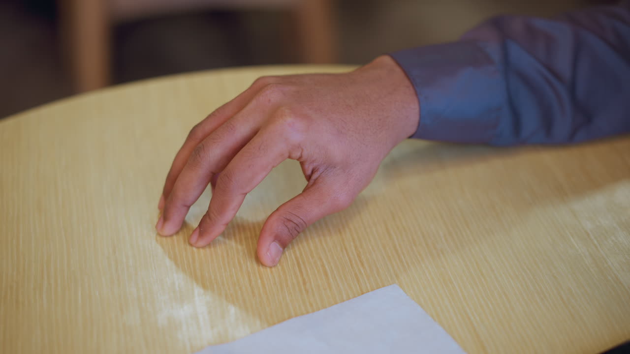 Close-up of young man's hand hovering above wooden table with fingers spread in dynamic gesture, casting soft shadow on surface, suggesting movement, communication or decision-making in casual setting