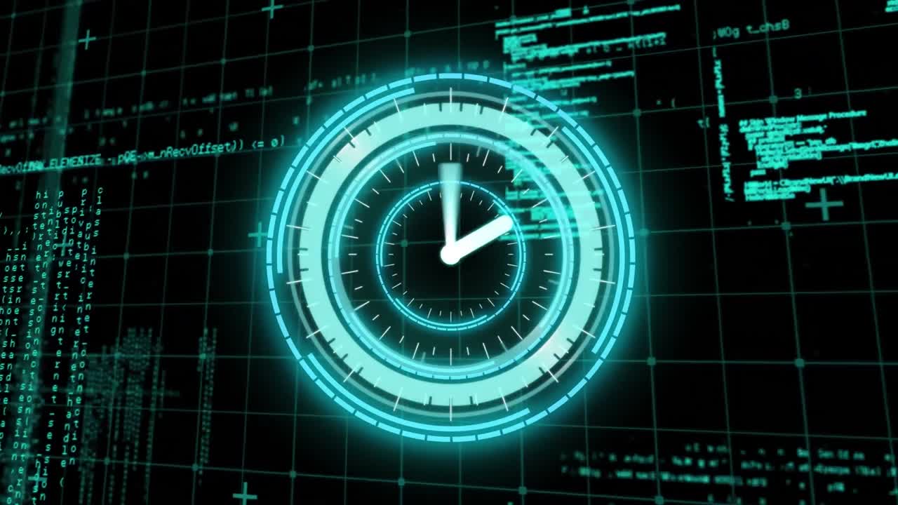 Animation of scope scanning with clock over data processing on black background