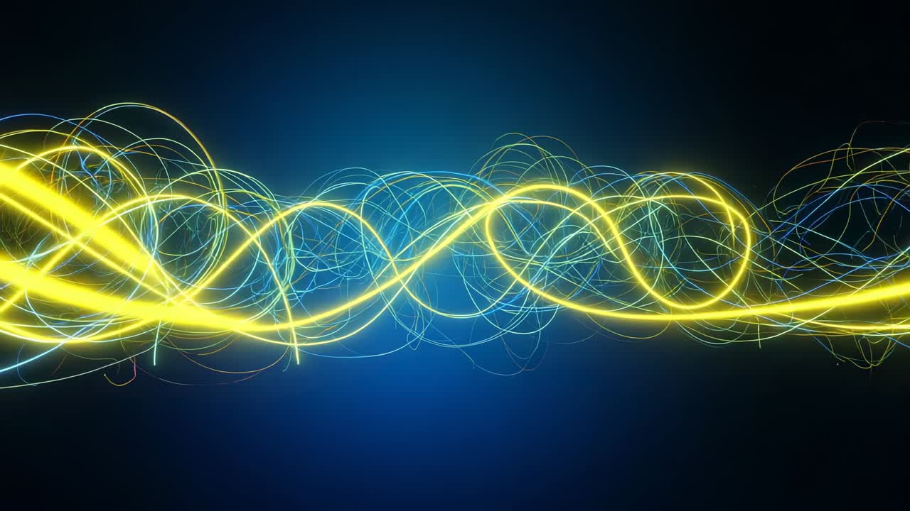 Emerging slender yellow beam threading through digital deep blue backdrop, overshadowing blue loops