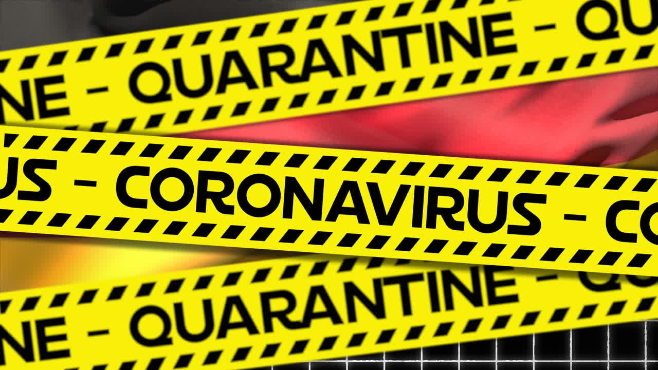 Animazione della bandiera tedesca su strisce gialle con la scritta QUARANTENA e CORONAVIRUS.