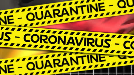 animation of the german flag over yellow stripes with quarantine and coronavirus written on it