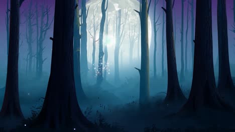 a mystical forest at night with a full moon and glowing sparks