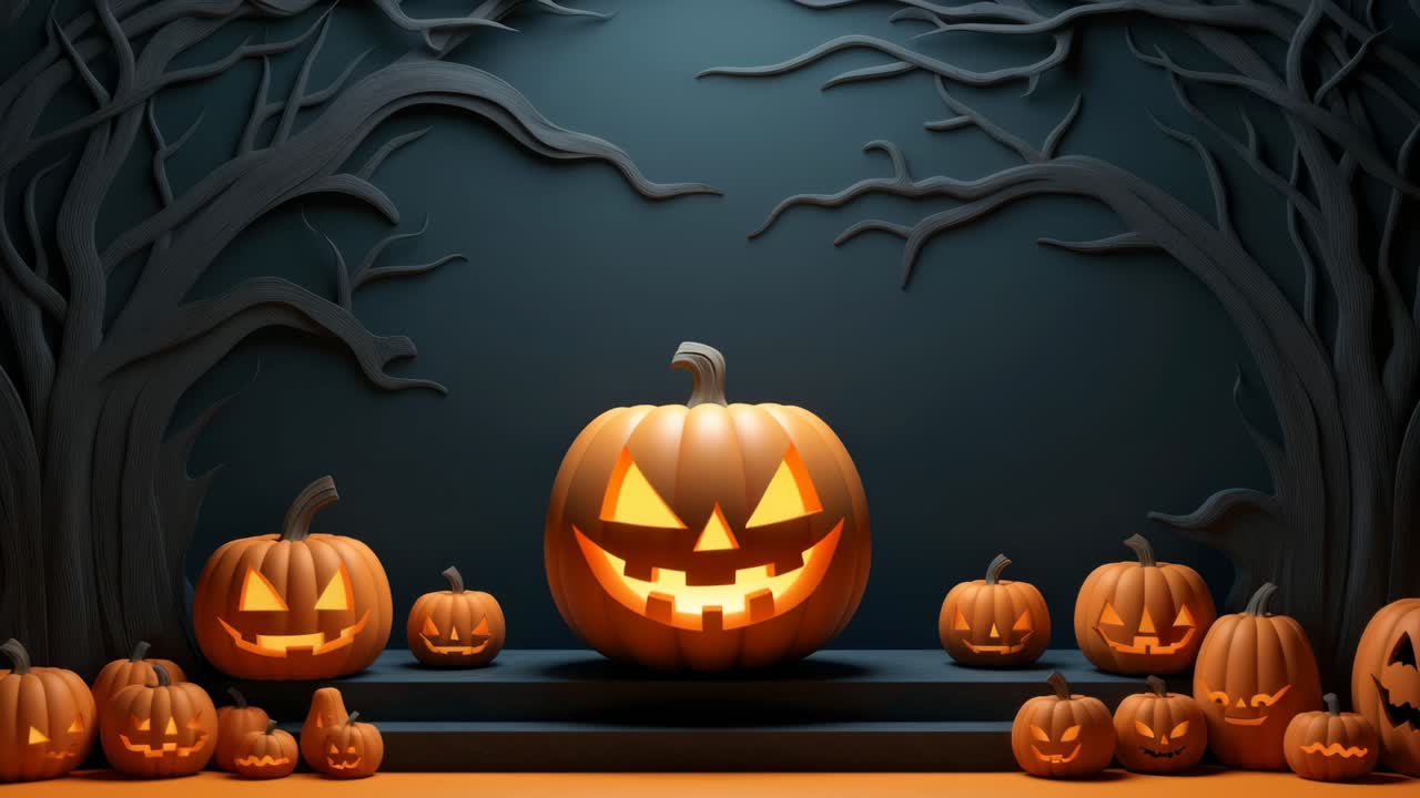 Spooky Halloween scene with glowing jack-o'-lanterns and twisted trees