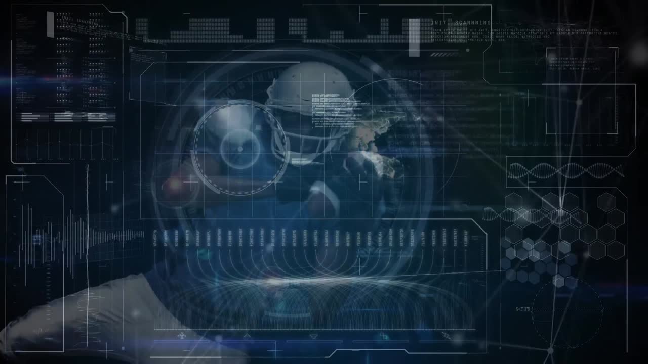 Animation of various digital diagrams and patterns over biracial player catching rugby ball