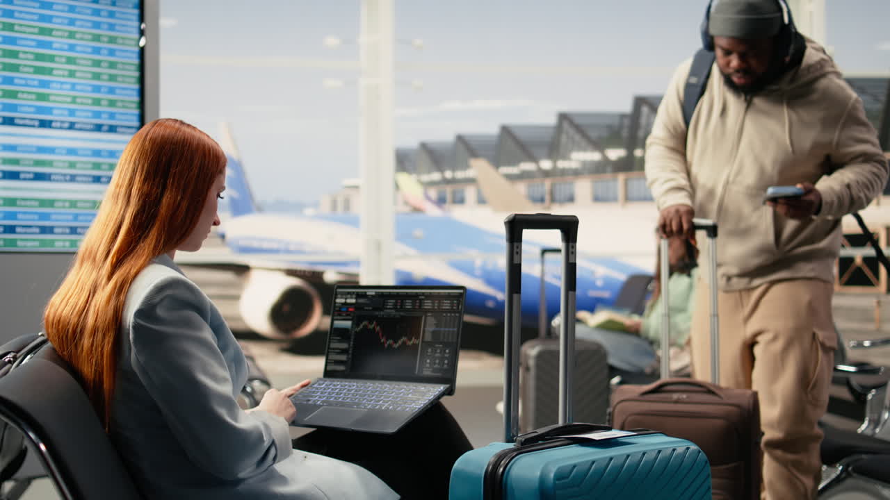 Kvindelig digital nomade analyserer finansielle tendenser og aktiemarkedets data.