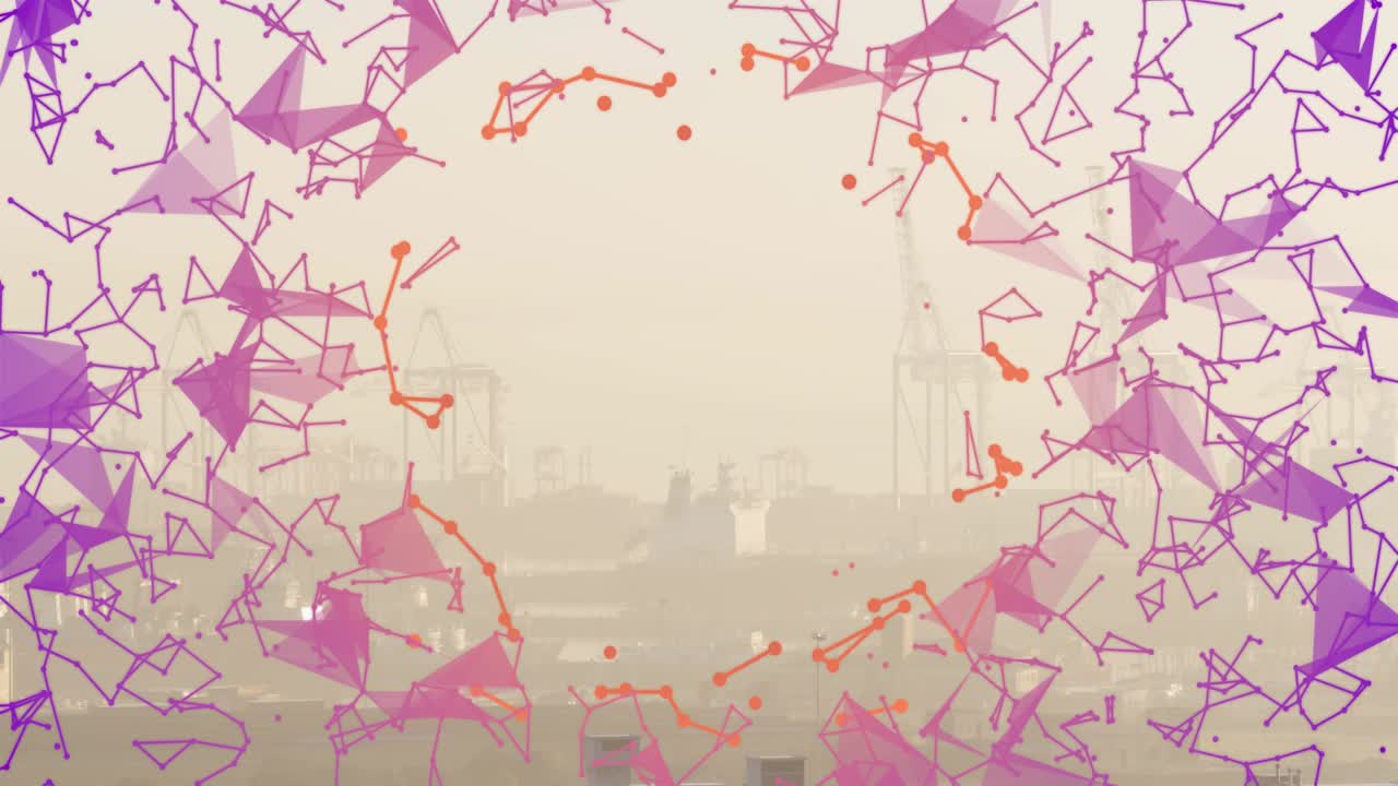 On start camera fixed generative mesh growing inward, shaping circular frame over industrial haze