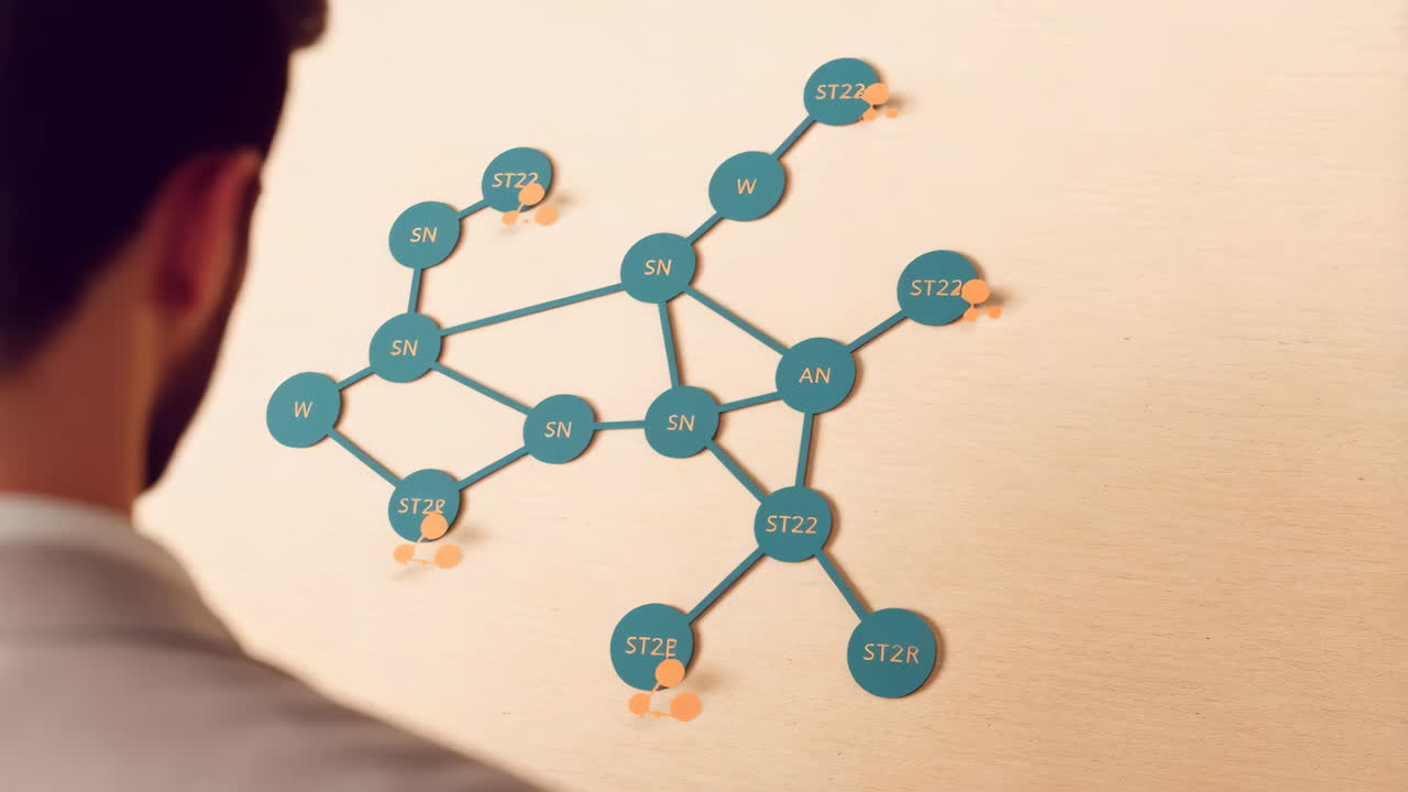 Man observing a complex network diagram on a wooden wall