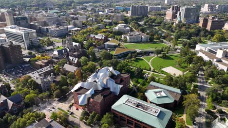 cleveland usa, aerial view of case western reserve university buildings on sunny day