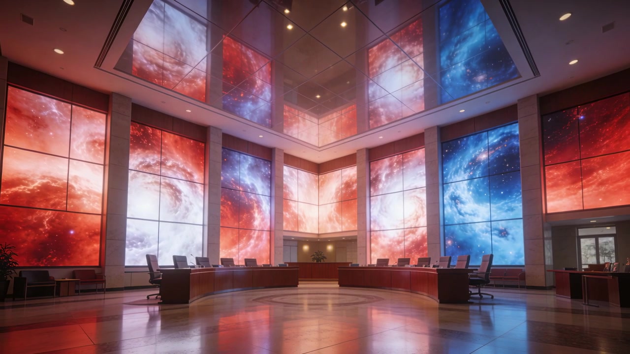 Starting multi-panel LED wall pulsing red-blue nebula for ambient backdrop in conference room