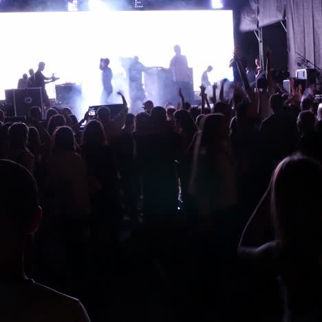 cheering crowd in front of bright stage