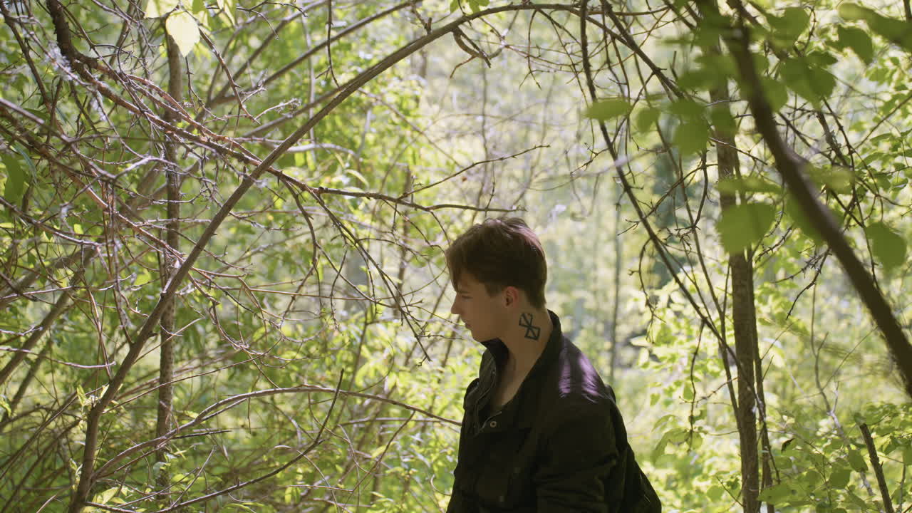 Young tourist carrying blackbag, turned back in cautious posture, partially hidden among dry branches, looking intently in one direction while sunlight filters through green canopy