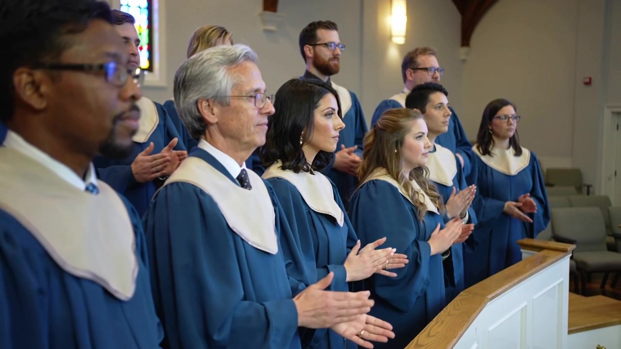 La telecamera si allontana rivelando un coro che applaude nel santuario di una chiesa, che indossa tuniche blu e stole bianche.