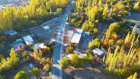 Vista-Aérea-De-Las-Calles-Del-Valle-De-Skardu-Con-árboles-A-Ambos-Lados-De-La-Carretera-En-Pakistán