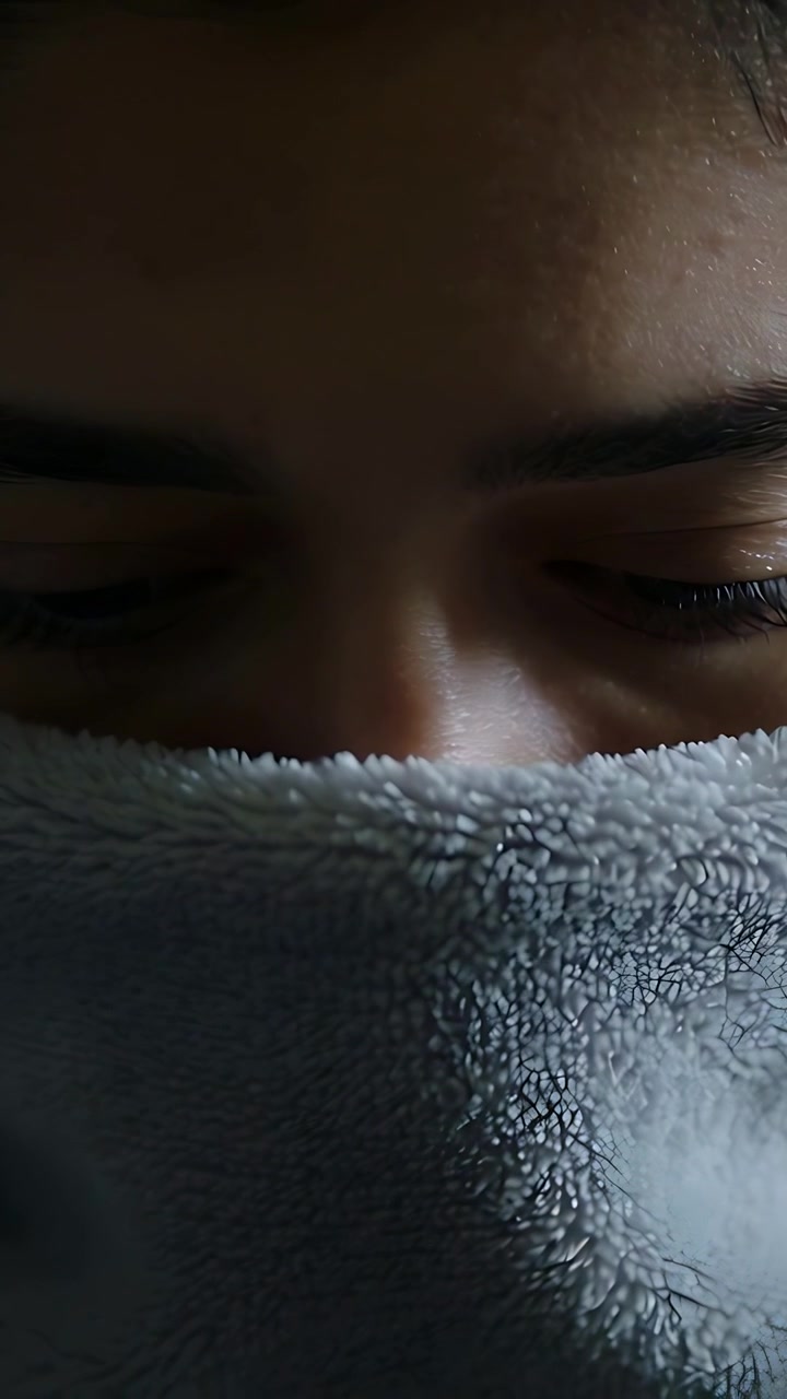 Vertical video: Holding woman with dark hair breathing and moving terry towel at home, closeup