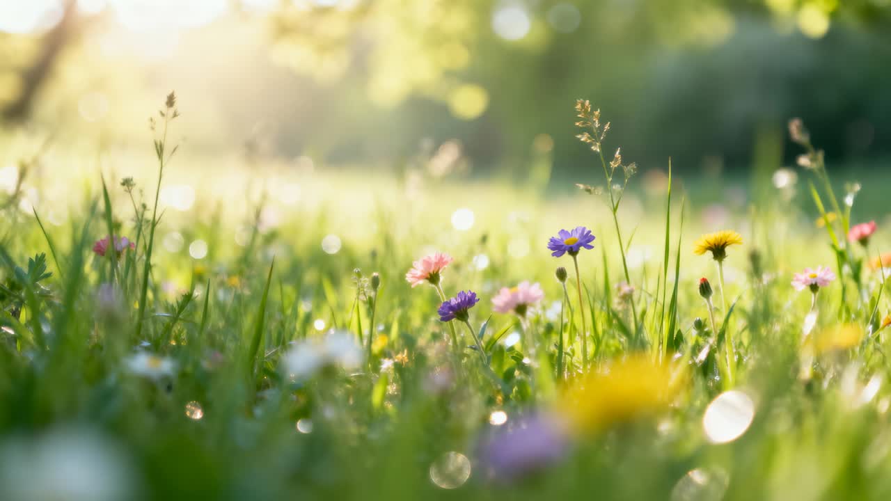 Swaying wildflower cluster and grass in meadow, breeze moving stems, camera shifting to dew glints