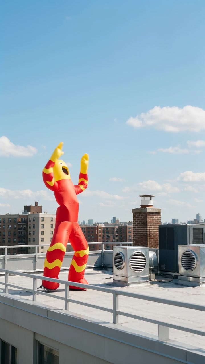 Figura inflable de tubo de color rojo brillante y amarillo se inclina y retuerce en una azotea plana de la ciudad junto a unidades de ventilación circulares, una caja rectangular de climatización, una chimenea de ladrillo y un horizonte distante bajo un cielo azul claro.