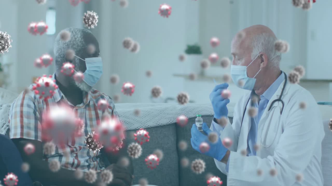 코로나 19 세포의 애니메이션 남성 의사가 얼굴 마스크를 착용한 노인에게 예방 접종을 하고 있습니다.