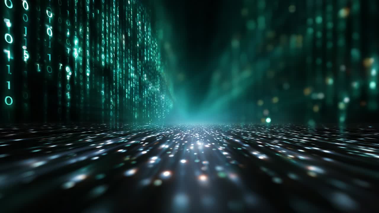 A Fascinating Glimpse into a Digital Realm: Exploring the Depths of Data and Light through a Mesmerizing Visual Experience in Two Framing Moments of a Streaming World of Binary Code and Brightness