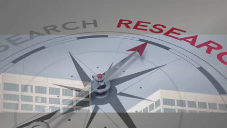 compass needle pointing towards research on building facade with animation graphics