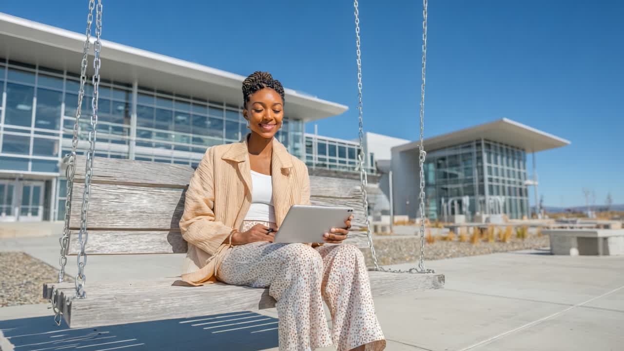 A Young Woman Enjoys a Sunny Day on a Swing, Engaged with Her Tablet While Surrounded by Modern Architecture and Clear Blue Skies