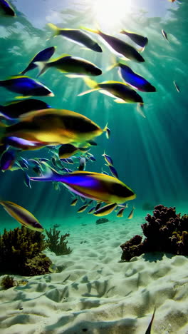 underwater scene with colorful fish and sunlight