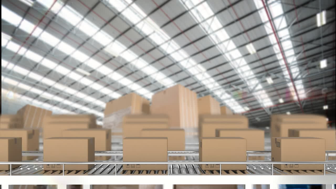 컨베이어 벨트에 있는 상자 위에서 금융 데이터 처리의 애니메이션