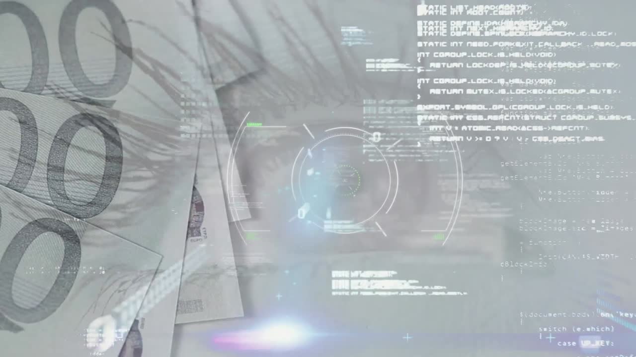 Animation of data processing and eye over euro banknotes