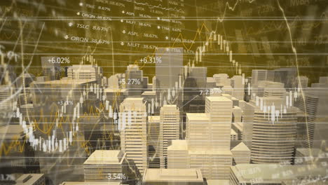 animación del procesamiento de datos financieros sobre el paisaje urbano