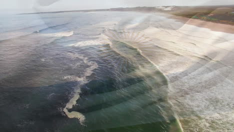 animation of flag of argentina blowing over okay hands on beach landscape