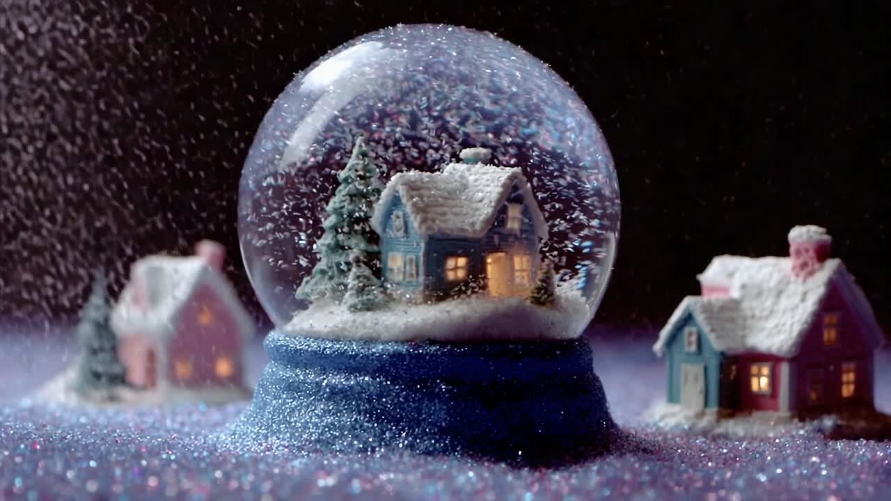 A Magical Winter Wonderland Captured in a Snow Globe, Showcasing Charming Miniature Houses Surrounded by Delicate Snowflakes and Glittering Snowy Landscape