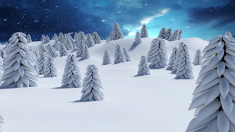 Animation-Von-Schnee,-Der-über-Tannenbäume-Und-Winterlandschaft-Fällt