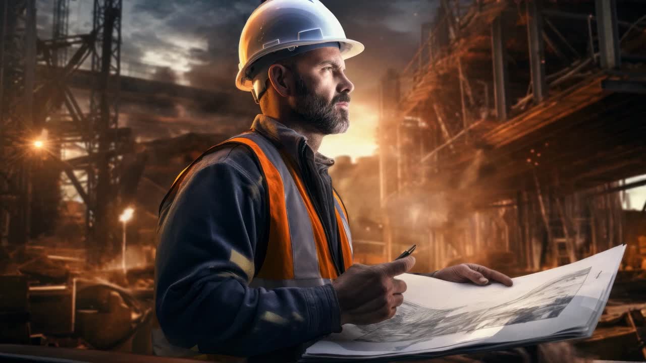 Dramatisches Standbild aus der Froschperspektive: Ein Bauarbeiter mit Hut studiert Baupläne.