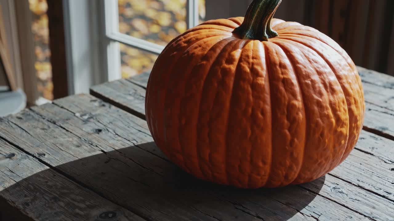 A rustic video scene featuring a pumpkin on a wooden table. Captured from a side angle, sunlight