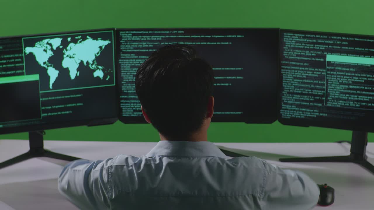 여러 모니터에서 스트레칭하는 피곤한 프로그래머