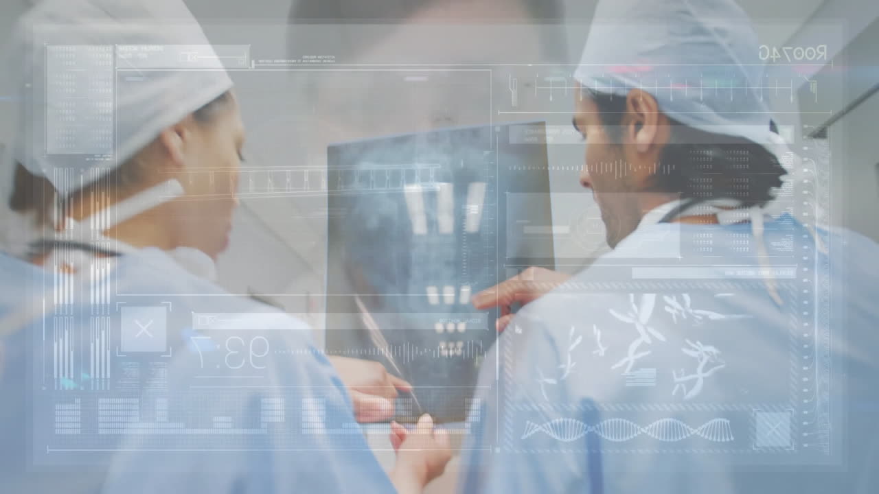 Male surgeon pointing at X-ray film in lab, female surgeon holding tablet with medical HUD overlay
