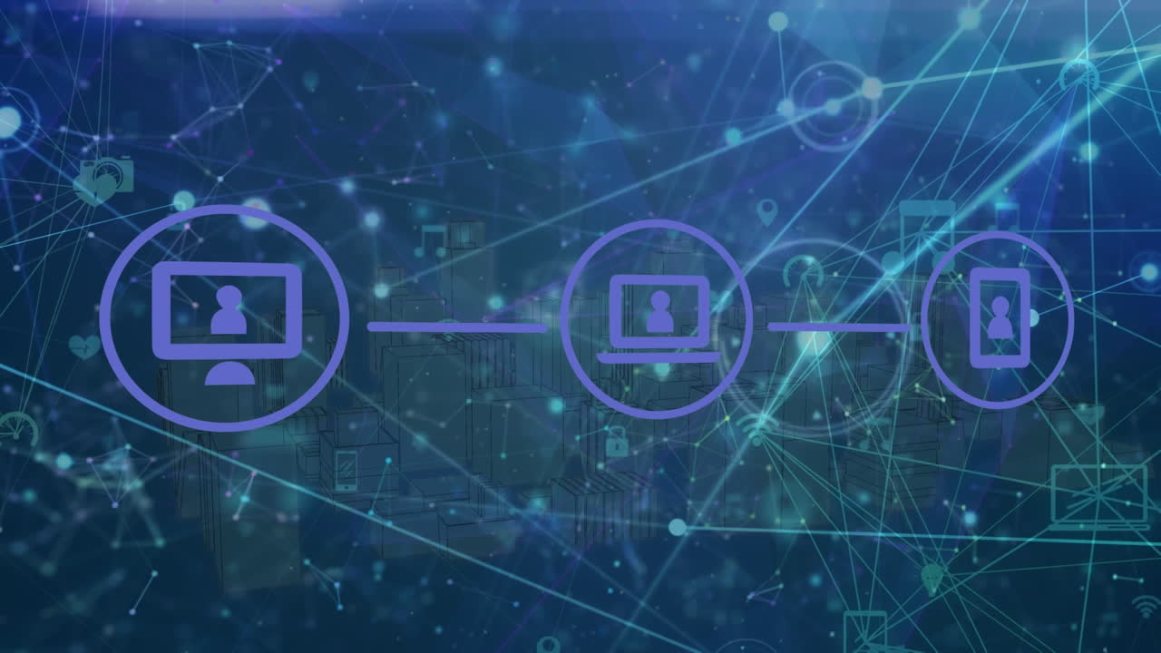 animación de la red de conexiones con iconos sobre la ciudad digital en fondo negro