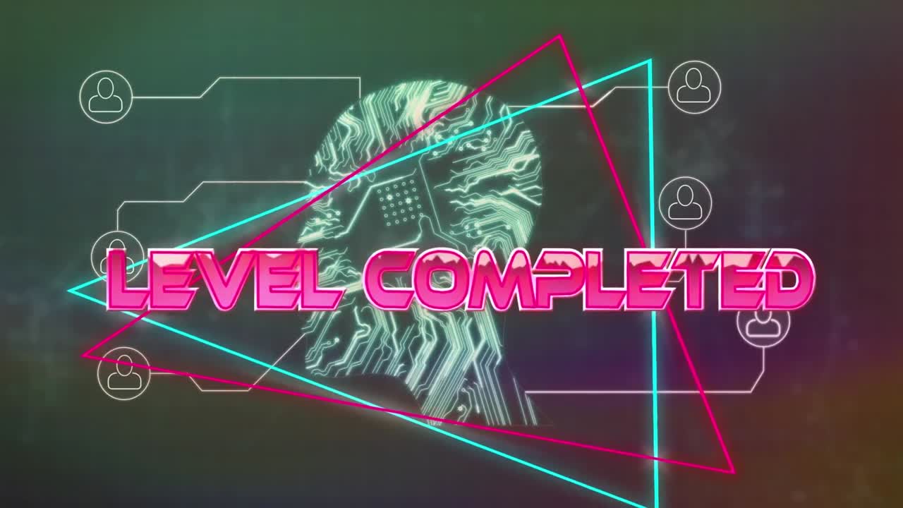 인간의 머리를 형성하는 마이크로프로세서 연결에 대한 네온 삼각형에 대한 완성 된 레벨 텍스트