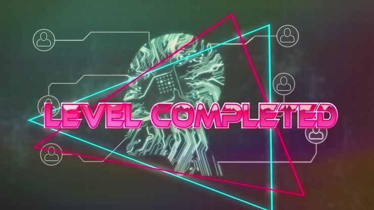 Level completed text on neon triangles against microprocessor connections forming a human head