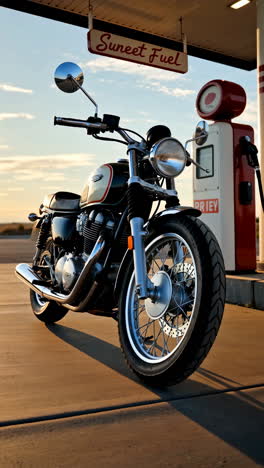 classic motorcycle parked at a retro gas station during golden hour
